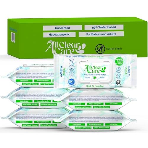 All Clear Care Baby Wipes, Unscented Wipes for Sensitive Skin, Large Soft Durable & 99% Water Based, Gentle & Hypoallergenic for Babies & Adults, Vitamin E and Aloe, Flip Top Lid, 6 Pack (480 Wipes)