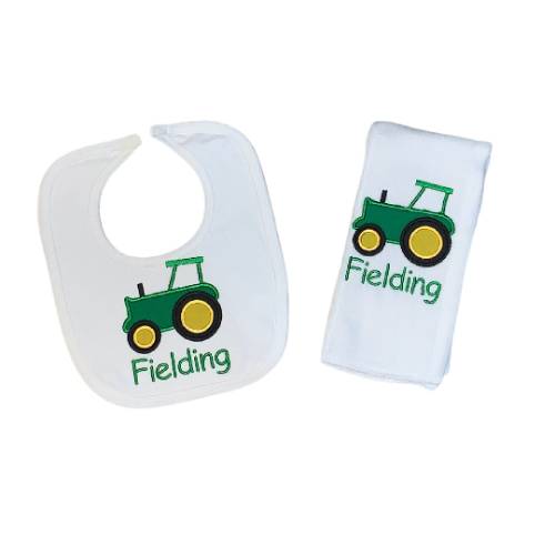 Personalized Embroidered Boys Green Farm Tractor Burp Cloth & Bib Set Baby Shower Green Tractor Bib and Burp Set