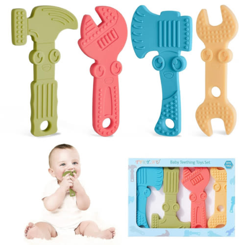 TYRY.HU Baby Teething Toys for Babies 0-6 Months 6-12 Months, BPA Free Silicone Baby Molar Teether Chew Toys, Hammer Wrench Spanner Pliers for Boys Girls, Soft-Textured, Easy to Hold & Clean, 4 Packs