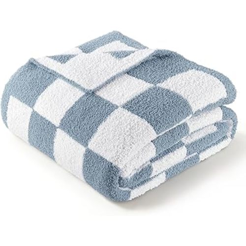 Exclusivo Mezcla Checkered Knit Throw Blanket, Ultra Soft Cozy Fluffy Checkerboard Blankets, Lightweight Fuzzy Plush Throw for Couch and Bed, Stone Blue, 50"x60"