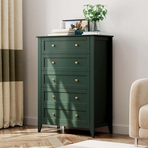 Green 5 Drawer Dresser for Bedroom, Tall Dresser with Deep Drawers & Metal Knobs, Modern Wooden Chests of Drawers for Entryway, Hallway