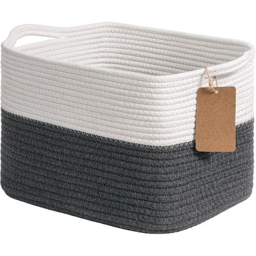 Goodpick Woven Storage Basket for Shelves, Baskets for Organizing, Cotton Rope Baskets with Handles, Rectangle Basket for Baby Toy Storage, 13 x 10 x 9 Inches, White & Dark Gray
