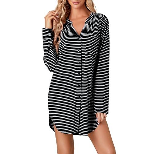 Vrtige Women's Striped Nightshirt Button Down Long Sleeve Nightdress Nightgown with Pocket