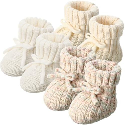 3 Pairs Knitted Baby Booties 0-6 Months Newborn Baby Shoes First Walkers Cozy Shoes for Infant Boy Girl