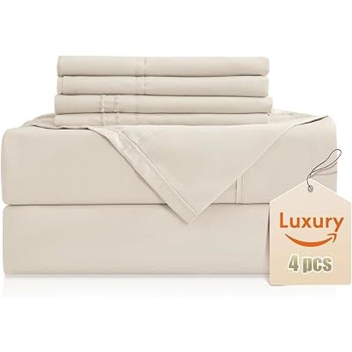 Luxury Silky Soft Bed Sheet Set, 4 Piece,Twin Size, Fits 16 inch Deep Pocket Mattresses, Wrinkle Free & Breathable Cooling, Ivory Cream Bedding Sheets (Fitted Sheet, Flat Sheet, Pillowcases)
