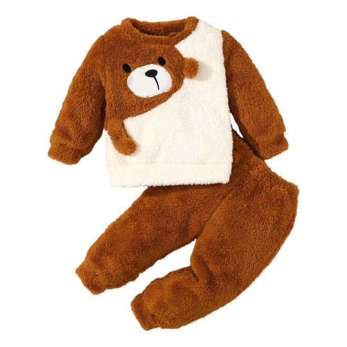 Mikrdoo 9 Months Baby Boys Fall Winter Outfits 12 Months Baby Boys Bear Print Color Block Tops Elastic Pants 2Pcs Fluffy Clothing Sets Khaki