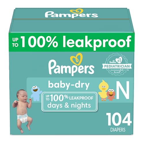 Pampers Baby Dry Diapers Newborn - Size 0, 104 Count, Absorbent Disposable Diapers
