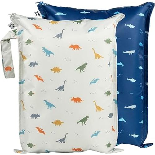 Tiny Twinkle MESS-proof Waterproof Wet Dry Bag | 2 Pack Reusable for Swimsuits, Gym & Baby Clothes | Leakproof Wet Clothes Bag, Beach Travel Essentials (Dinosaur, Ocean Life)