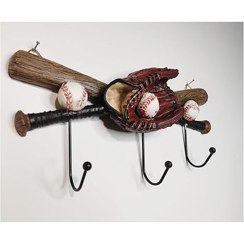 Baseball Coat Rack Wall Mount with 3 Wall Hooks, Baseball Glove Wall Decor for Boys Room,Entryway,Cloakroom