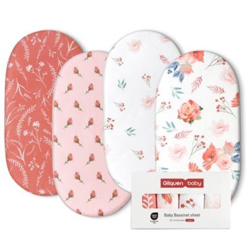 "Gllquen 4 Pack Baby Bassinet Sheet Set - Ultra-Soft, Fitted for Newborn Girls, 32""X16"", Red Floral"