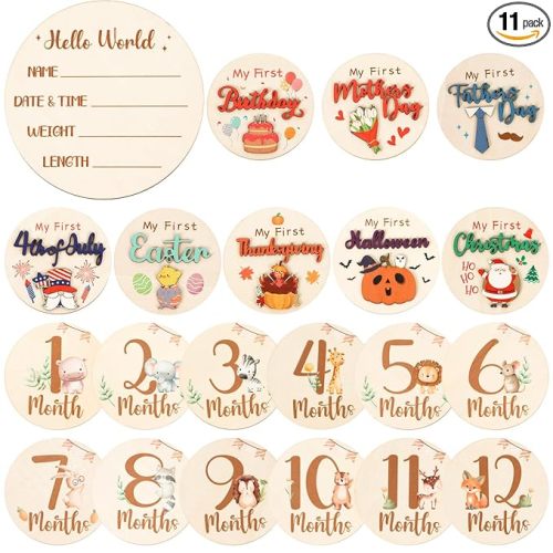 Monthly Baby Milestone Signs, 11PCS Wooden My First Holiday Milestone Cards Newborn Gift, Baby Announcement and Hello World Newborn Sign