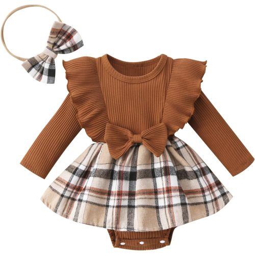 Madjtlqy Toddler Baby Girl Fall Winter Outfit Set Plaid Romper Dress Ruffles Long Sleeve Clothes Jumpsuit with Bow Headband - 6-9 Months - Brown