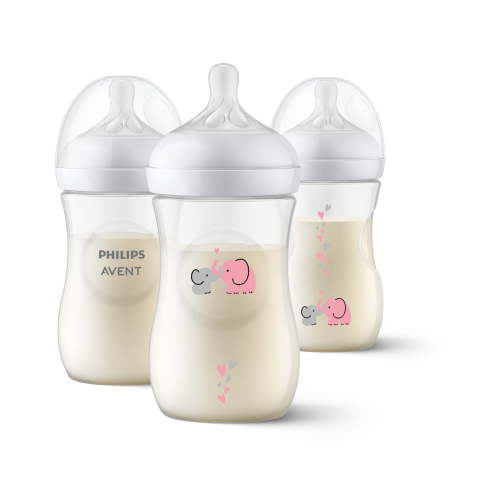 Philips Avent Natural Baby Bottle with Natural Response Nipple (Medium Flow, Flow 3), with Pink Elephant Design, 9oz, 3pk, SCY903/62