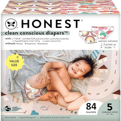 The Honest Company Clean Conscious Diapers | Plant-Based, Sustainable | Wingin' It + Catching Rainbows | Super Club Box, Size 5 (27+ lbs), 84 Count