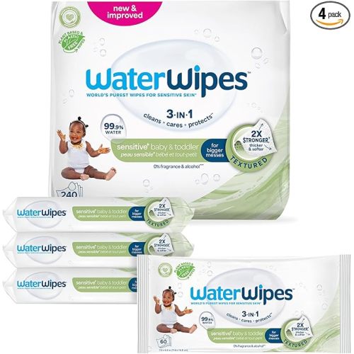 WaterWipes Sensitive+ Baby & Toddler Wipes, 3-In-1 Cleans, Cares, Protects, 99.9% Water, Textured Clean, Unscented & Hypoallergenic, 240 Count (4 Packs)