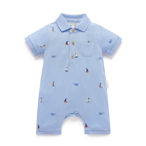 Purebaby Baby Boys Newborn-24 Months Short Sleeve Printed Yacht Polo Growsuit