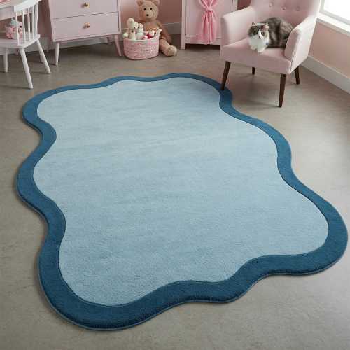 Wavy Edge Cloud Blue Rug 100%wool Soft Aqua Nursery Carpet