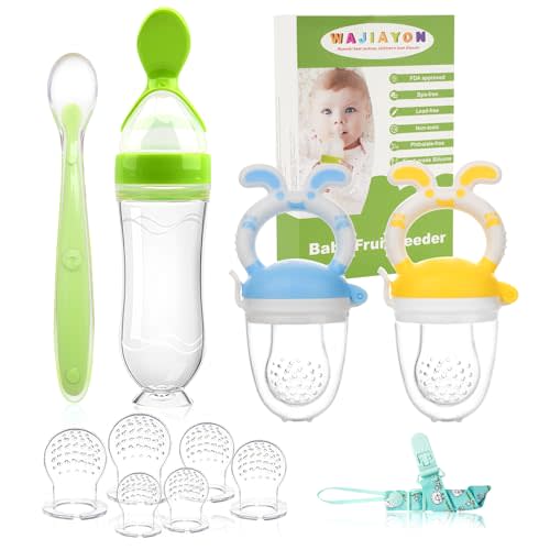 WAJIAYON Baby Fruit Feeder Pacifier - 5 Pack | 2 Baby Fruit Food Feeder Pacifier & 1 Baby Food Dispensing Spoon | Fresh Fruit Teethers for Babies | Silicone Feeder Baby,Mesh Baby Feeder (Blue &Yellow)