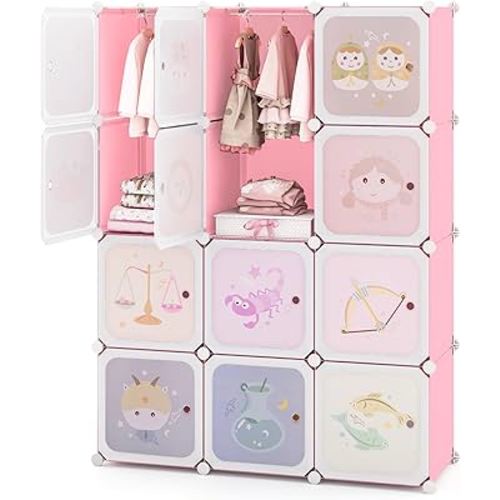 Costzon Kids Closet, Cartoon DIY Modular Dresser Storage Organizer with 12 Cubes & 2 Clothes Hanging Rack, Portable Armoire for Baby Toddlers, Kids Wardrobe for Bedroom Nursery