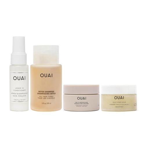 OUAI Travel Kit - Includes Travel Size Leave In Conditioner, Detox Shampoo, Fine to Medium Hair Mask, Scalp & Body Scrub (4 Count)