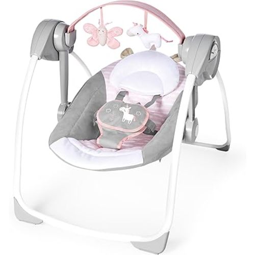 Ingenuity Comfort 2 Go Compact Portable 6-Speed Cushioned Baby Swing with Music, Folds Easy, 0-9 Months 6-20 lbs (Pink Flora the Unicorn)