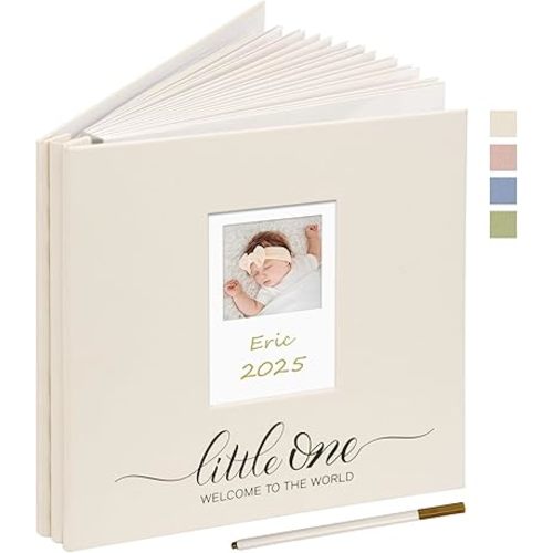 Vienrose Self Adhesive Photo Album 4x6 with Window Baby Memory Book Fabric Cover with PVC Cover Photo Sleeve & 2 Decorative Cards DIY Scrapbook for Newborn, Baby Shower 20 Sheets 40 Pages Beige