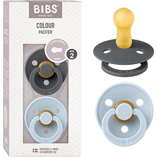 BIBS Pacifiers Colour Collection | Natural Rubber Baby Pacifier | Set of 2 BPA-Free Soothers | Made in Denmark | 6+ Months (Pack of 2) | Baby Blue/Iron