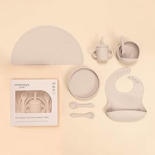 Mommy's Ark 10-Piece Dinnerware Set: Food-Grade Essentials! Dishwasher-Safe Convenience: Bowl & Spoon Set™, Silicone Plate, Catch-All™ Bib, Fork + Spoon Set, Spill-Proof Sippy Cup, Non-Slip Place Mat