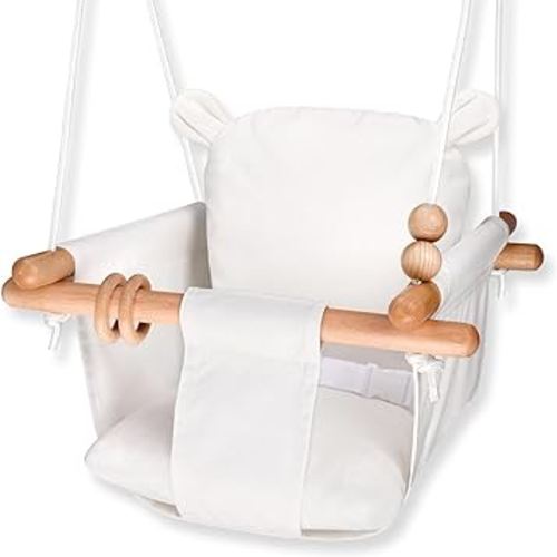 Baby Swing Outside Indoor-Wooden Infant Swing Outdoor, Secure Canvas Baby Hanging Swing Seat Porch Swing Chair for Tree and Backyard for Toddler