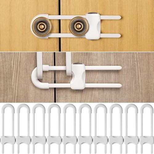 10 Pieces Cabinet Locks for Babies, U-Shaped Proofing Drawers Safety Child Locks Adjustable, Easy to Use Childproof Latch for Knob Handle on Kitchen Door Storage Cupboard Closet Dresser (White)