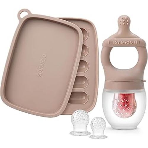 SAMiGO Baby Food Fruit Feeder and Breastmilk Popsicle Mold Set, Silicone Fruit Teether, Food Feeder Pacifier for Teething Relief, Freezer Tray, Baby Feeding Essentials, 4 Months+