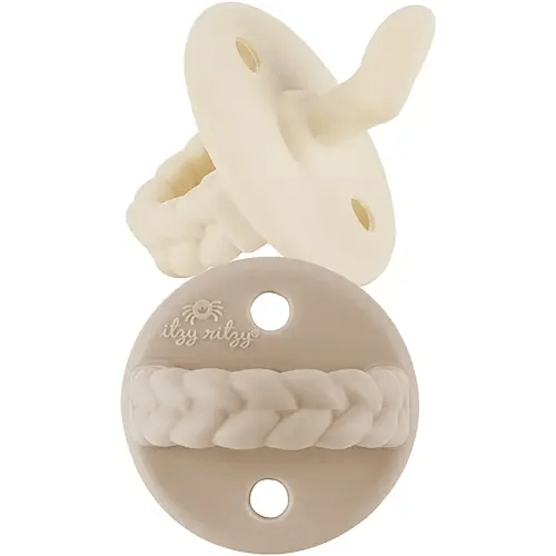 Itzy Ritzy Silicone Orthodontic Pacifiers - Sweetie Soother Pacifiers with Collapsible Handle & Two Air Holes for Added Safety, Baby Pacifiers for Ages 6-18 Months (Buttercream & Toast)