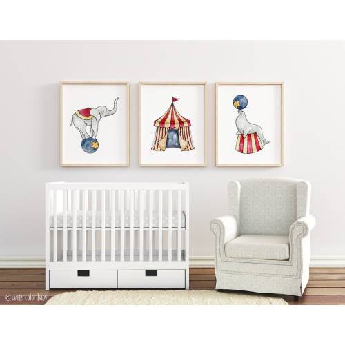 Vintage Circus Art Set of 3 Digital Print Instant Download Printable Watercolor Gift Nursery Decor Baby Boy Girl Wall Art Printable Animals