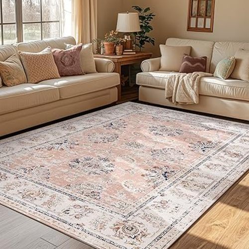 jinchan Vintage Floral 5x7 Area Rugs for Bedroom - Machine Washable Distressed Design Stain Resistant Boho Carpet Ultra-Thin Low Pile Non-Slip for Living Room Dining Room Kitchen (5‘x7',Pink)