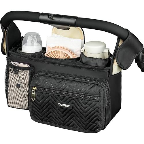 Universal Stroller Organizer with Insulated Cup Holder,Stroller Caddy Bag with Wet Wipes Pocket,Stroller Accessories Fits for Uppababy,Doona,Jogger,Britax,Mompush,BoB Strollers,Black