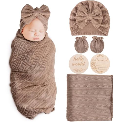 Newborn Receiving Blanket with Bow Hat Mittens Wooden Card Set Wheat-Pattern Newborns Toddler Baby Boy Girl Nursery Swaddle Wrap