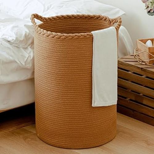 Homlikelan 58L Cotton Woven Laundry Hamper,Large Wicker Laundry Basket for Blankets,Clothes,Pillows,Toys,Shoes Tall Laundry Bin 20''H 15''D