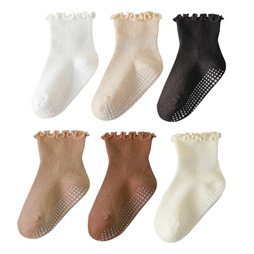 ANYANIME 6 Pairs Toddler Ruffle Socks for Girls - Baby Grip Socks with Non-Slip, Cute Grippy Frilly Design