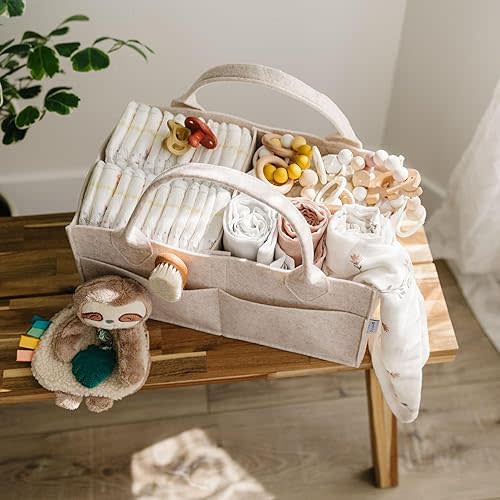 PUTSKA Baby Diaper Caddy Organizer - Nursery Storage Basket for Diaper Station, Baby Basket Shower List and Registry Gift Must-Haves, Newborn Essentials, Nursery Decor for Boy or Girl - Mocha,Regular