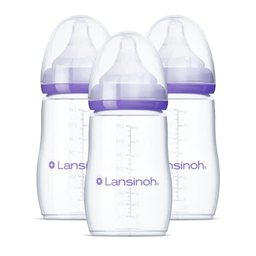 Lansinoh Anti-Colic Baby Bottles for Breastfeeding Babies, 8 Ounces, 3 Count, Includes 3 Medium Flow Nipples, Size M