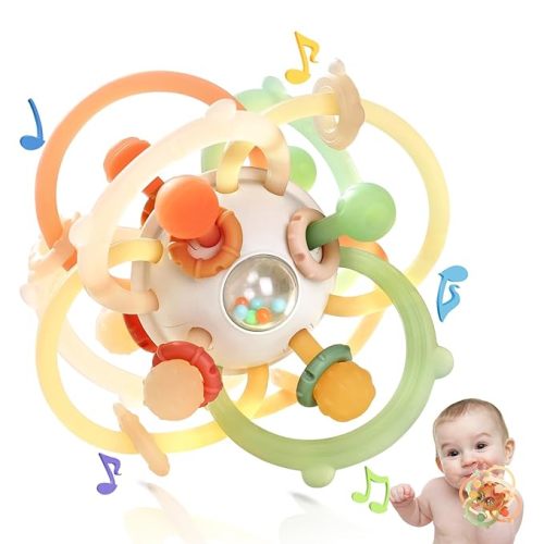 Baby Sensory Teething Toys, Baby Montessori Teether Toys for 0 3 6 9 12 18 Months, Silicone Tummy Time Toy with Rattle Ball for Newborn Infant, Learning Delopmental Gift for Boys Girls, Beige