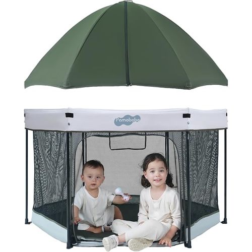 Pamo Babe Baby Playpen with Sun Protection Canopy - Indoor & Outdoor Play Yard for Babies and Toddlers - Baby Tent with Zipper Door