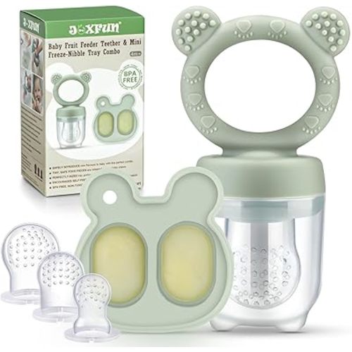 Baby Fruit Food Feeder Mini Freezer Nibble Tray Combo, Breastmilk Popsicle Molds for Cooling Relief, BPA Free Silicone Feeder to Safely Introduce New Foods, Double as Teething Toys, 4 Month+ (Sage)