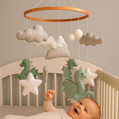 Felt Dragon Baby Mobile: Neutral Nursery Decor with Clouds & Stars