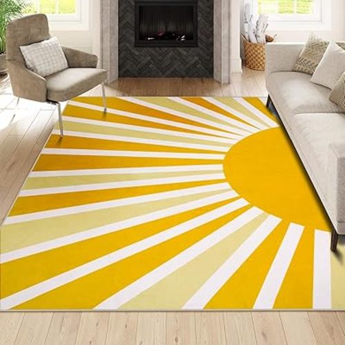 Lahome Machine Washable Rugs - 5x7 Area Rugs for Living Room Untra-Thin Soft Bedroom Rug Non-Slip Cute Kids Nursery Rug, Boho Rainbow Sun Print Floor Carpet Rug for Classroom Dorm (5'x7', Yellow)
