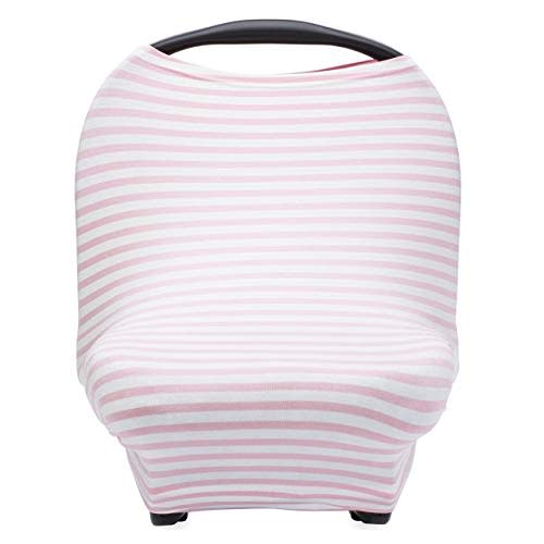 Parker Baby 4 in 1 Car Seat Cover for Girls - Stretchy Carseat Canopy, Nursing Cover, Grocery Cart Cover, Infinity Scarf - Pink/White Stripes