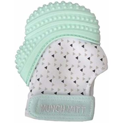 Munch Mitt Teething Mitten - The ORIGINAL Mom-Invented Silicone Teether Mitten with Travel Bag – Ideal Teething Toys for Baby Shower Gift - Mint Green Triangles