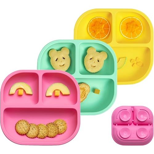 BABELIO Powerful Suction Plates for Baby and Toddler, 100% Food Grand Silicone Divided Baby Plates, BPA Free, Microwave & Dishwasher Safe, Stay Put with 4 Suction Cups, 3 Pack