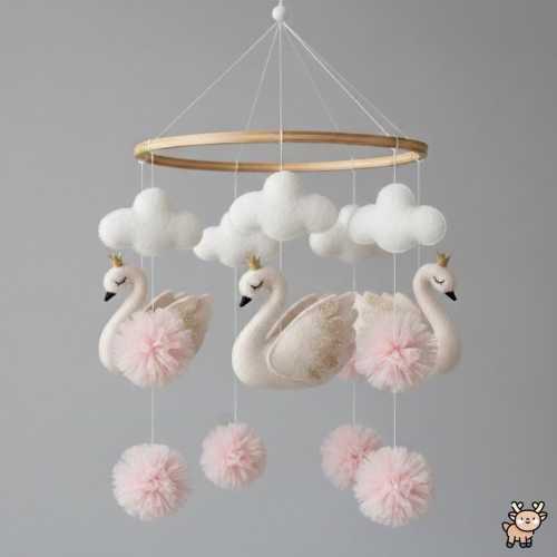 Swan Baby Mobile, Pink Tulle Pompoms, Elegant Nursery Decor