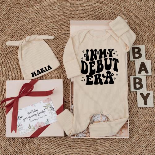In My Debut Era bodysuit and hat set, baby set, Cute Baby Clothes, Newborn gift, Going home outfit, Announcement Natural Pregnancy Reveal